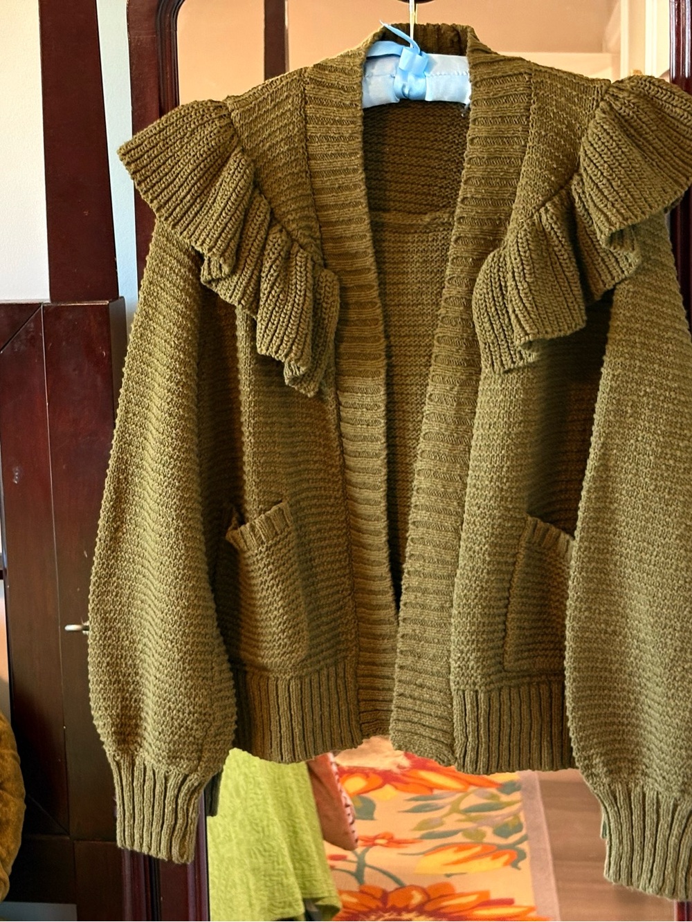 Madewell Olive Green Ruffle-Trim Open Cardigan Large